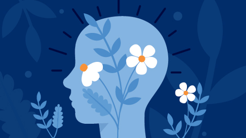 human head with flowers around with blue background