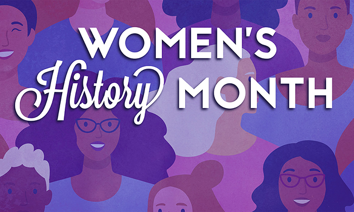 a background filled with a collage of animated women with white text that reads women's history month